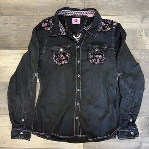 Black Floral Trim Button-Up Shirt